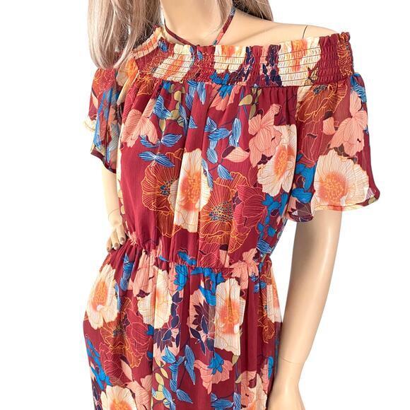 Y2K Fall Floral Maxi Dress S | Off Shoulder Burgundy Boho Cottagecore Prairie - Picture 2 of 9